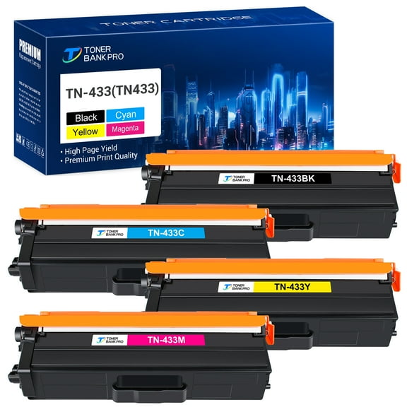 Toner Bank Compatible Toner Cartridge Replacement for Brother TN 433 TN-433BK TN-433C TN-433M TN-433Y High Yield (Black, Cyan, Magenta, Yellow, 4-Pack)