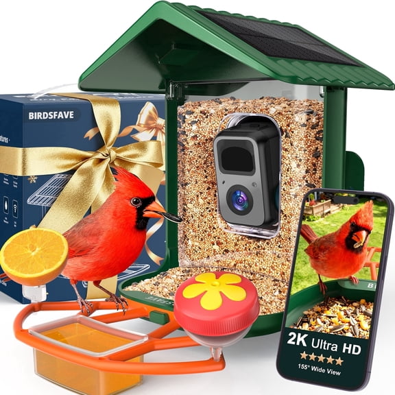 Bird Feeder with Camera Solar Powered 2K HD Live Instant Alert with 32GB Card AI Identify Wildlife Camera Bird Feeder 2.4G Wireless Gift to Mom Dad