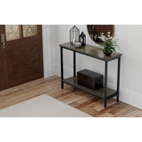 Artum Hill Harper Warm Brown 39.4" Wood Sofa Table with Storage Shelf and Metal Frame
