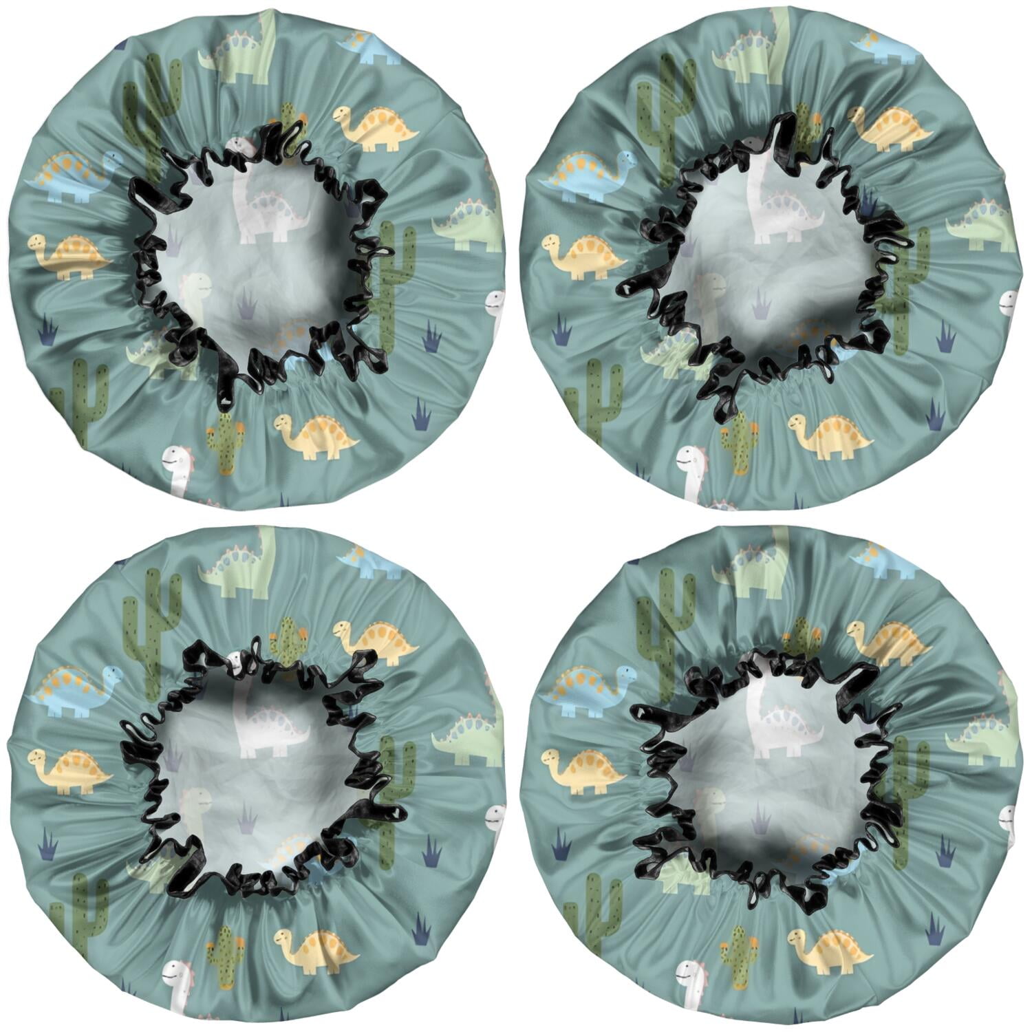 Shower Caps,LightBlue Cartoon Dinosaurs Cacti Pattern Waterproof Shower Cap for Women 4 Pieces,Double Reusable Hair Cover for Shower PEVA Elastic Stretch Hem