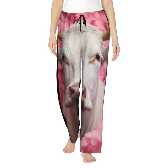 Balery Flower White Cow Pantalones de pijama para mujer, pijamas ultraligeros, pantalones de estar por casa-Large