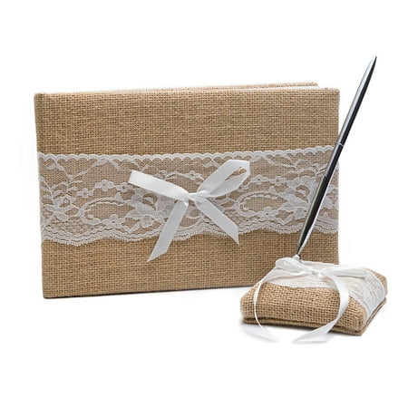 Wedding Guest Book Pen Set Burlap Lace Rustic Decoration