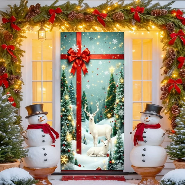 Seyotauo Merry Christmas Door Cover 72 x 35 Inch Xmas Tree Santa Snowman Fireplace Printed Door Hanging Cover Large Banner Background for Front Porch Outdoor Sign Holiday Party Decorations