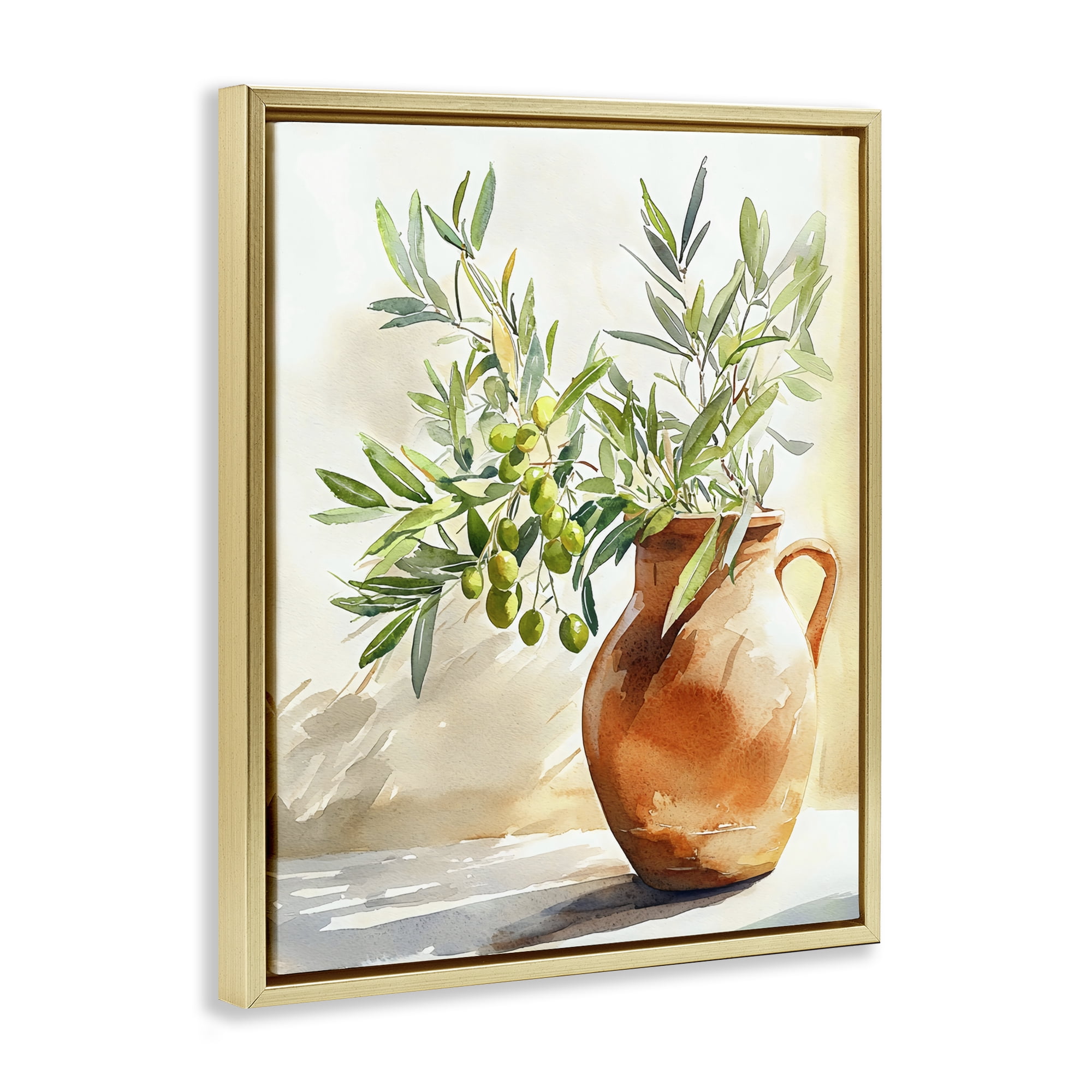 Stupell Industries Olive Branch in Terracotta Vase Gold Framed Floater Canvas Wall Art, design by LSR Design Studio