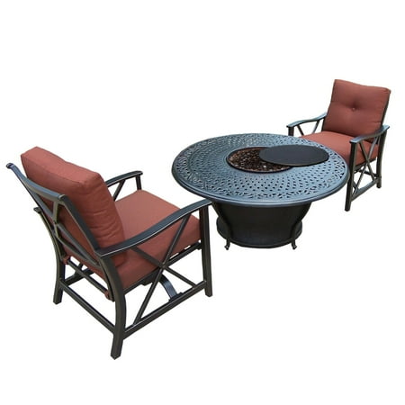 3 Piece Round Cast Aluminum Gas Fire Pit Set W Red Patio Rocking