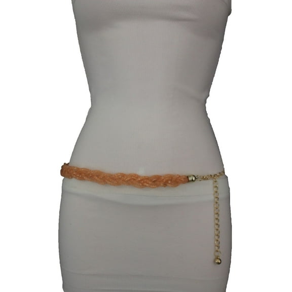 WOMEN HIGH WAIST HIP PEACH FASHION BELT BRAIDED FABRIC GOLD CHAINS SIZE S M L
