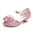 thumbnail image 1 of Zapatos de cuero de princesa de Disney para niñas, zapatos de tacón alto informales con flores y purpurina para niños, zapatos de niñas con nudo de mariposa, rosa, plateado, 37 zhangmengya CONDUJO, 1 of 2