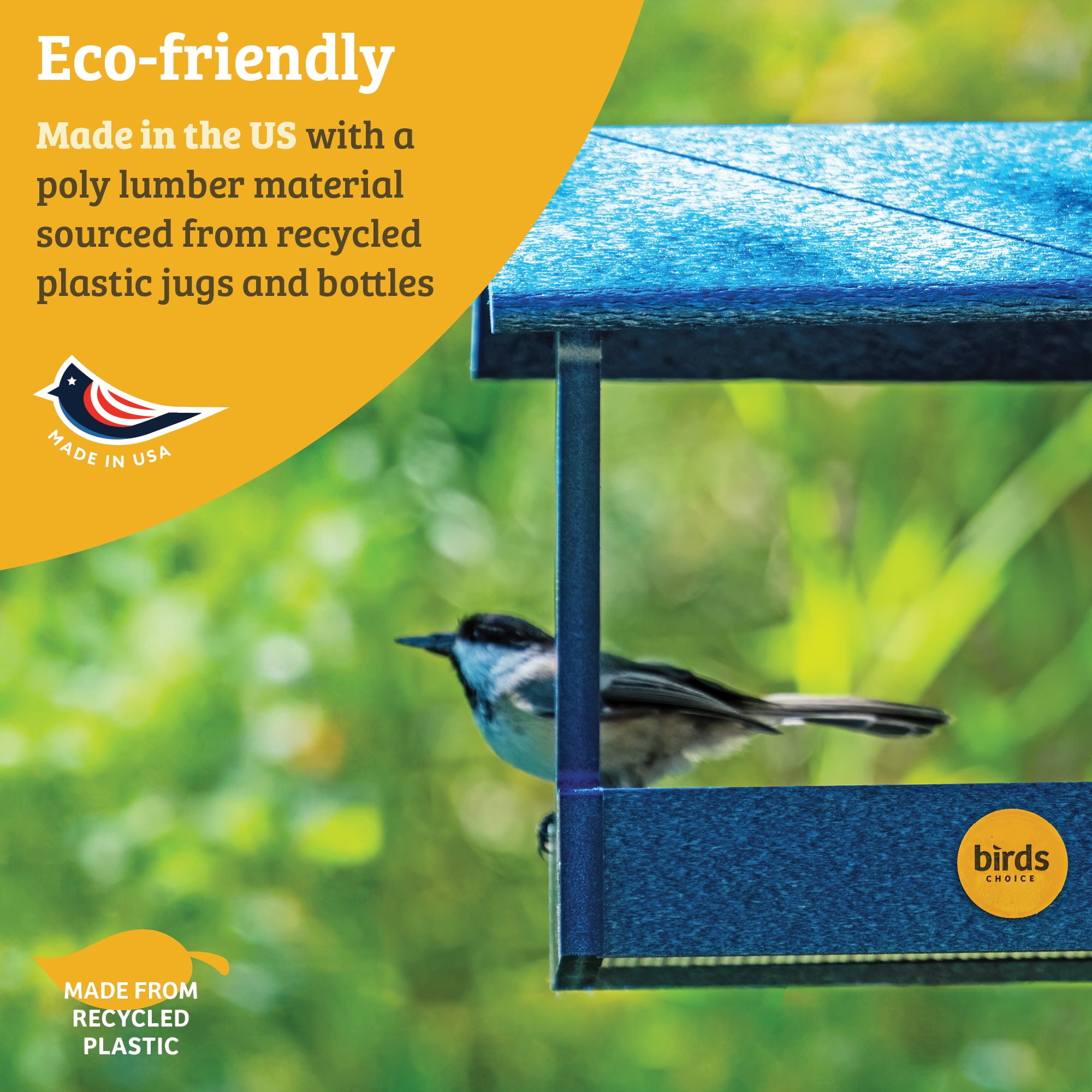 Birds Choice Recycled Plastic Fly-Thru Platform Feeder for Variety of Birds, Blue