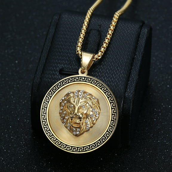 Men's 14K Yellow Gold Champion Necklace with Inlaid Zircon Lion Golden Silver Color Pendant Fashionable Jewelry