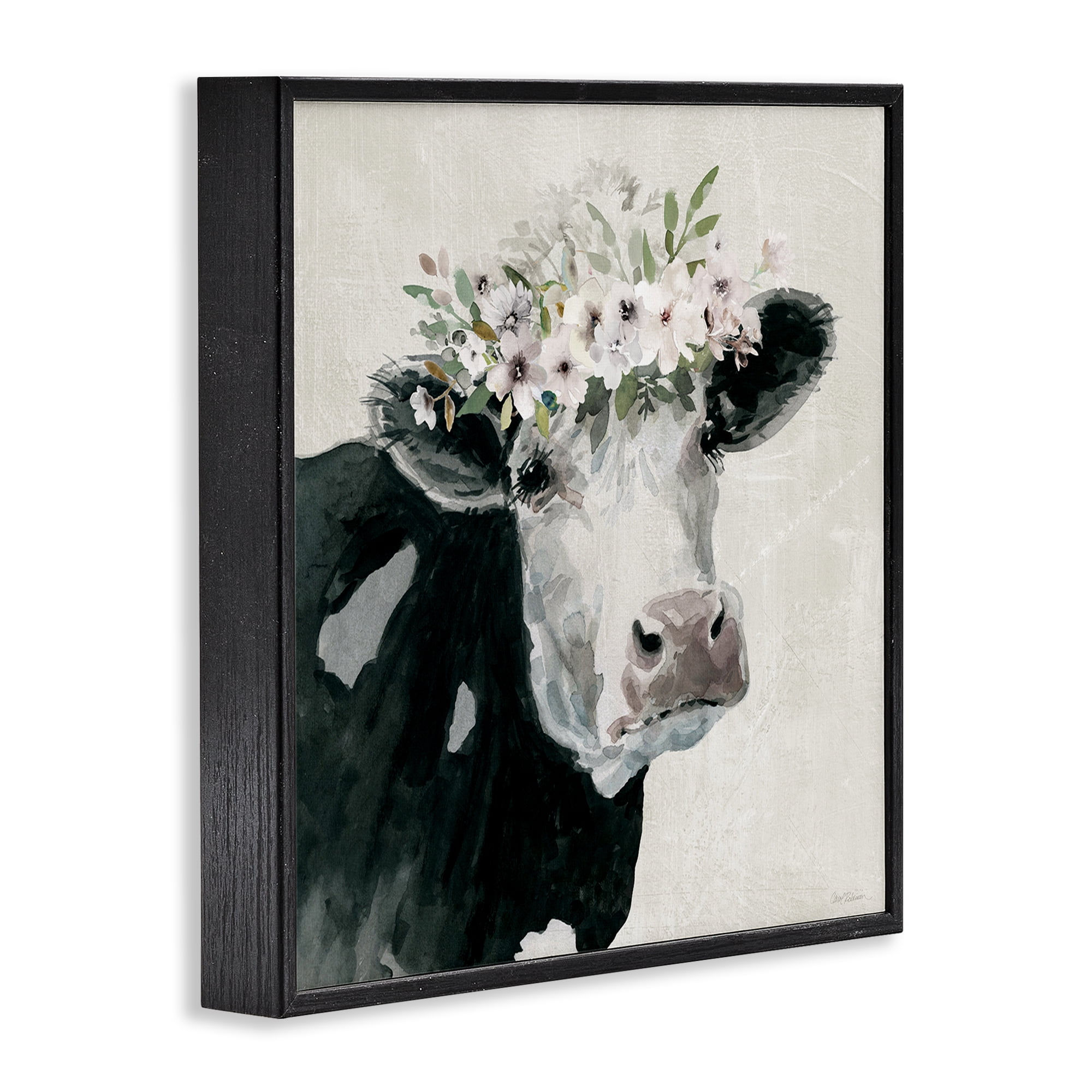 Stupell Industries Gazing Cow with Florals Animals & Insects Painting Black Framed Art Print Wall Art, 12 x 12