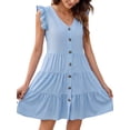 thumbnail image 4 of Women's Mini Denim Dress, Casual Fly Sleeve V Neck Button Down Solid Color Tiered Dress, 4 of 6
