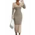 thumbnail image 2 of Women'S Striped V Neck Sweater Dress Long Sleeve Bodycon Midi Dresses Khaki L, 2 of 7