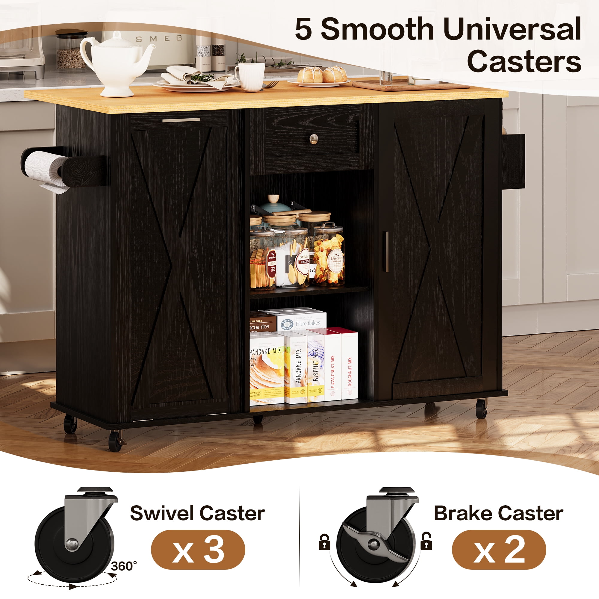 spanspace 48" Kitchen Island Cart with Drop Leaf , 10 Gallon Storage and Tilt Out Trash Can Cabinet , Portable Kitchen Island with Wheels Drawer and Adjustable Shelves for Kitchen, Black
