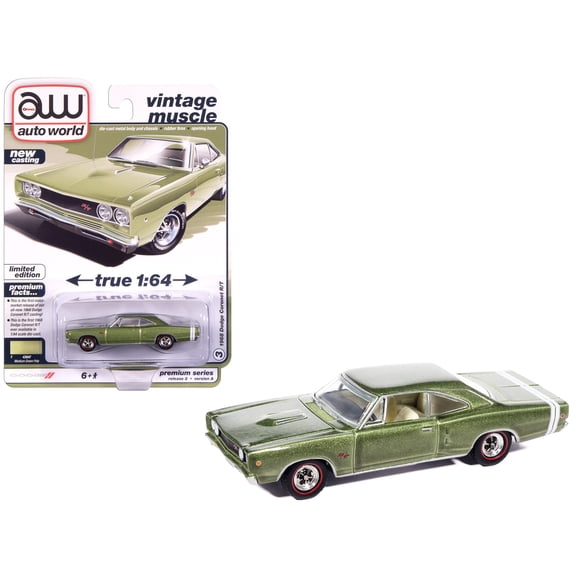 1968 Dodge Coronet R/T Medium Green Metallic with White Interior "Vintage Muscle" 1/64 Diecast Model Cars by Auto World