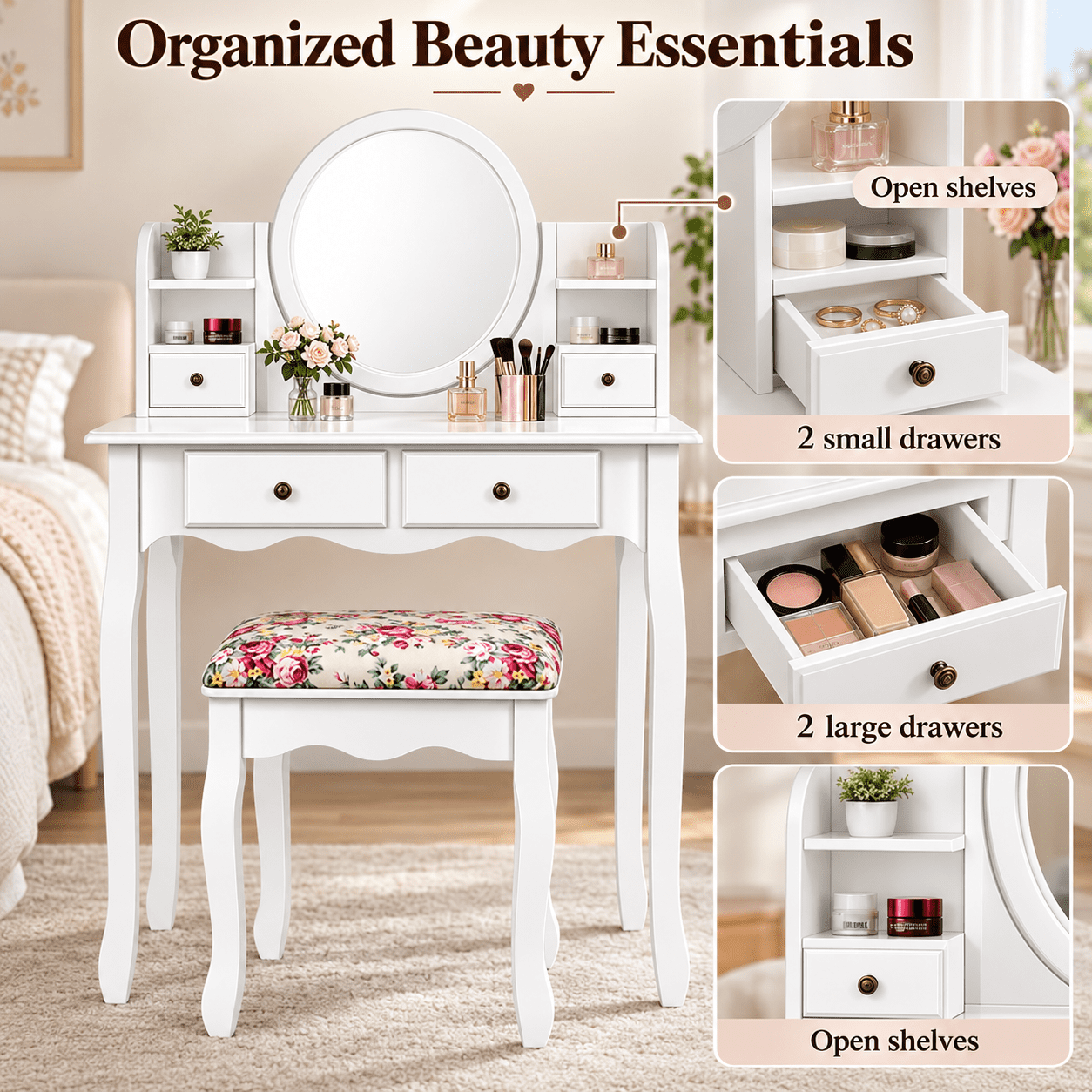 Furnibear Makeup Vanity Table Set Girls Dressing Table with 360-Degree Round Mirror 4 Drawers Cushioned Stool, White