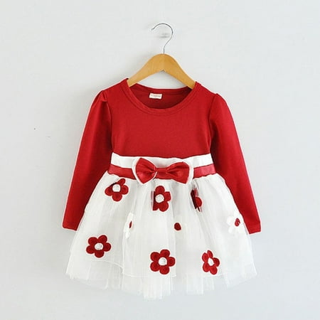 

Toddler Kids Baby Girls Long Sleeve Tulle Patchwork Flower Bow Dresses Fall Floral Dress