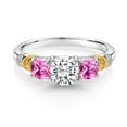thumbnail image 2 of Gem Stone King 925 Silver and 10K Yellow Gold Moissanite Pink Created Sapphire and Diamond 3-Stone Ring for Women (1.82 Cttw, Cushion 6MM and 4MM, Size 8), 2 of 3