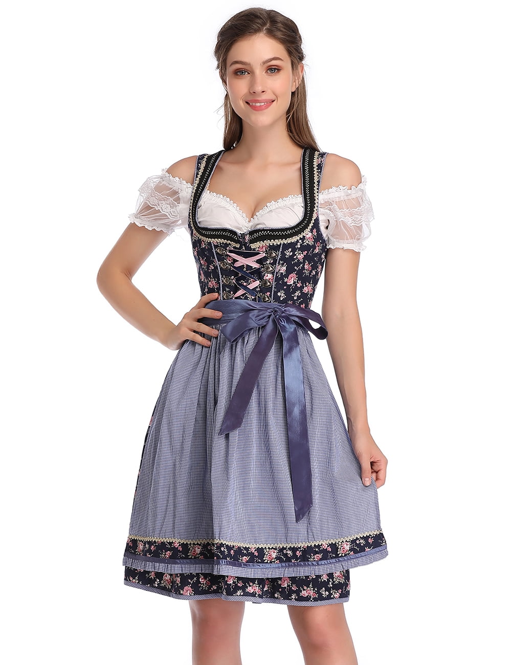 Women Vintage Floral German Dirndl Dress 3 Piece Traditional Bavarian Oktoberfest Costume