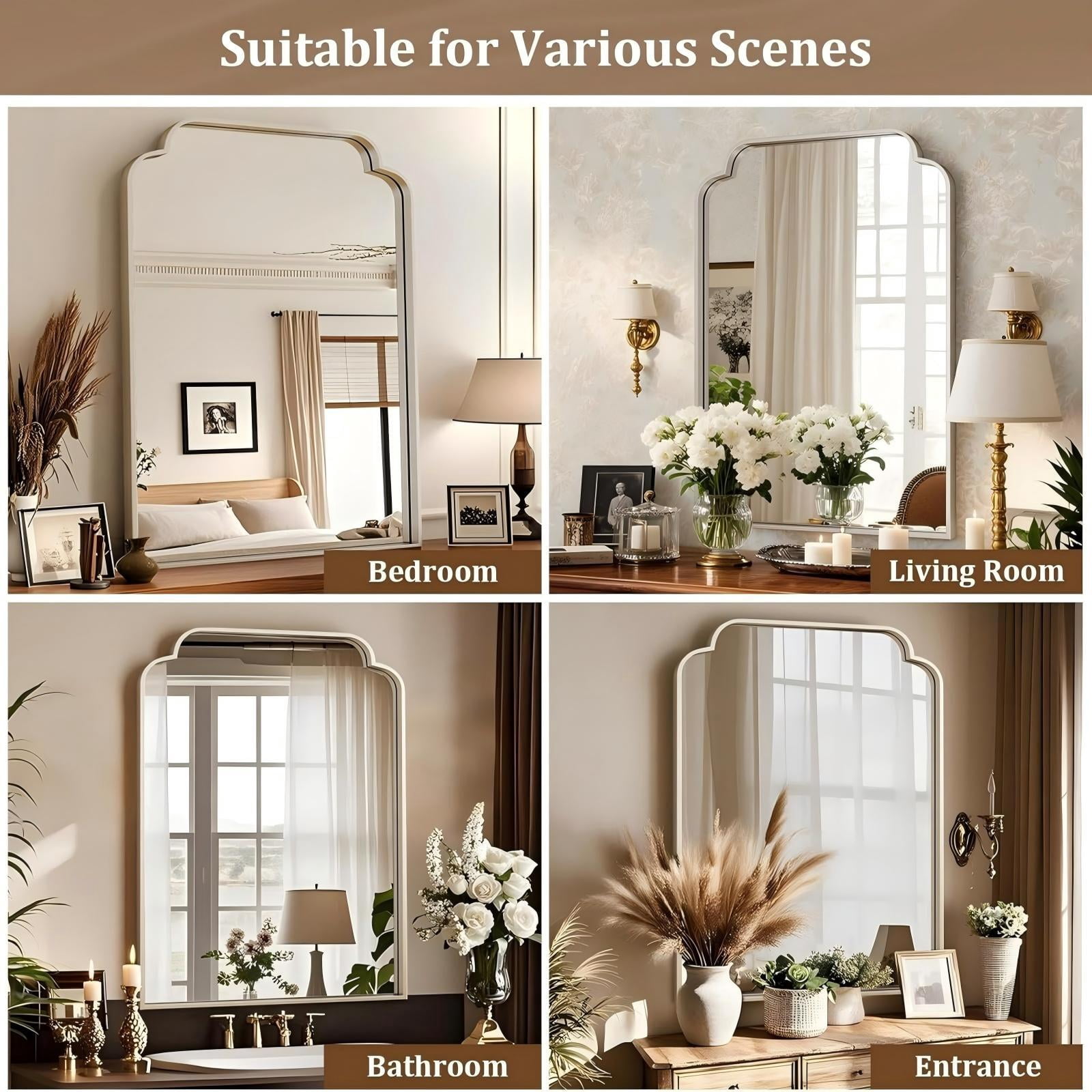 Puremirror 40"x30" Arched Bathroom Mirror Bedroom Vanity Mirror with Deep Frame, Silver