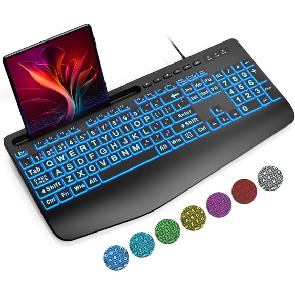K21 Pro Large Print Backlit Keyboard, Wired USB Computer Keyboards with 7-Colors Backlight, Wrist Rest, Phone Holder, Oversized Letter Keys Easy to See and Type for Laptop, PC, Windows, Black
