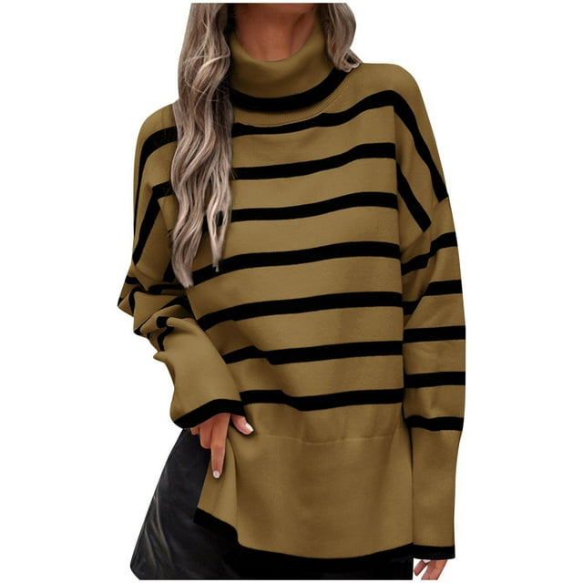JMYHOAM Sweaters pour Femmes Chandail Décontracté à Manches Longues Col Roulé Fendu sur le Côté Tricoté Rayé Blouse Ample