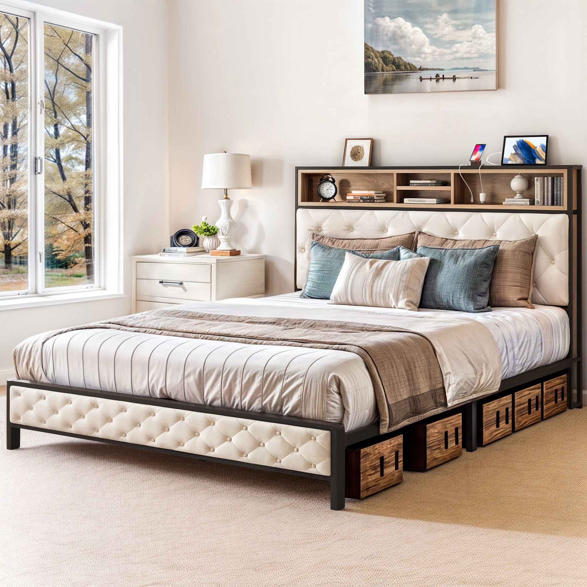 Uforic Beige Queen Size Platform Bed Frame with Upholstered Storage Headboard, Built-in Charging Station, and Metal Slats, No Box Spring Required