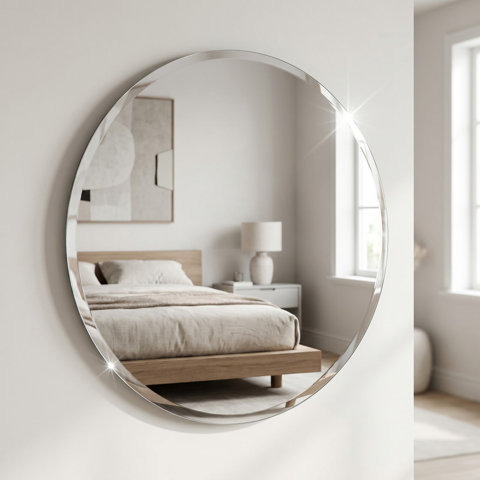 Easy4Home 18"x18" Frameless Circle Bathroom Mirror Beveled Vanity Wall Mirror