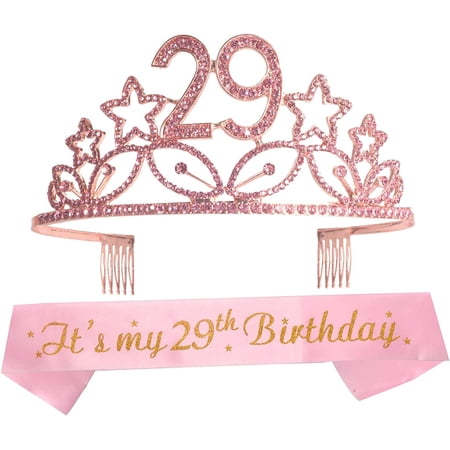(2 pack )meant2tobe 29th birthday set: glitter sash & pink rhinestone tiara for women