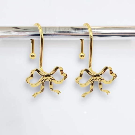 12-Pack Gold Bow Shower Curtain Hooks - Decorative Metal Rust-Proof Rings for Bathroom, Elegant Curtain Hangers Fit Standard Rods