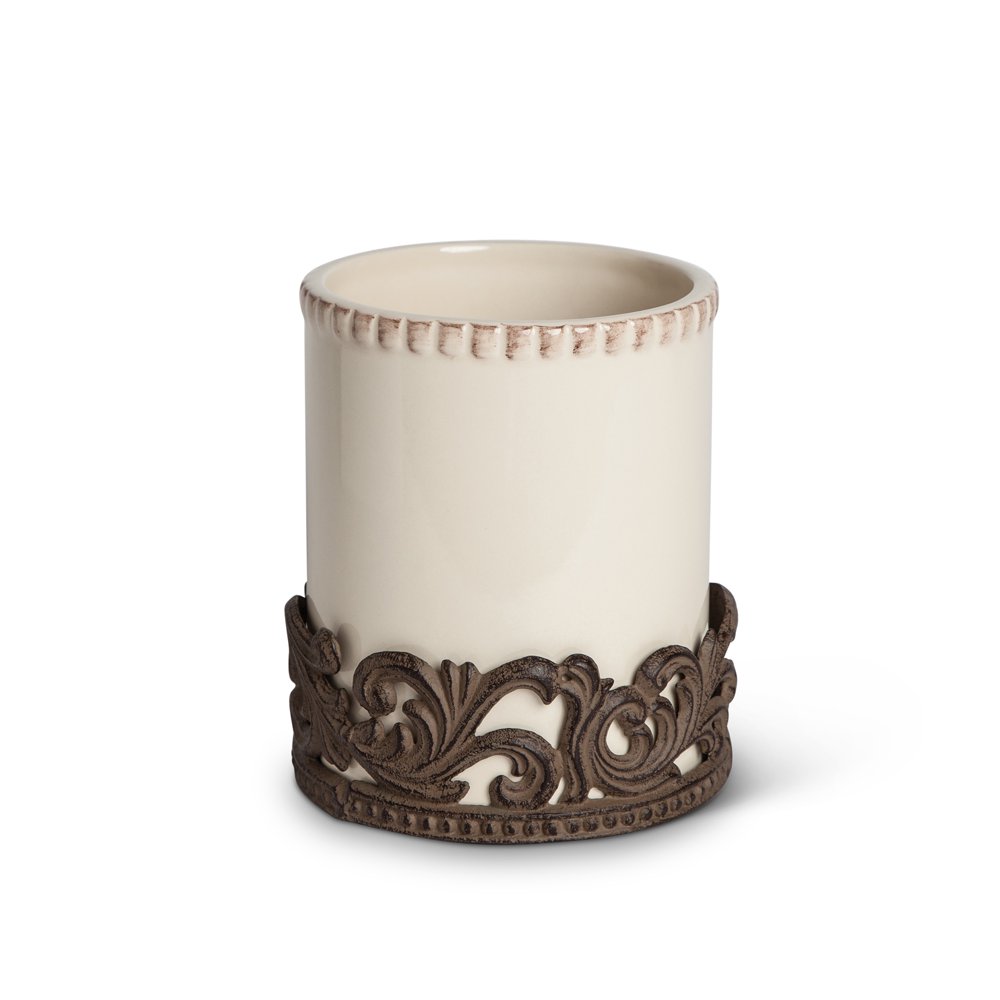 Gerson Cream Ceramic Utensil Holder with Acanthus Leaf Metal Base