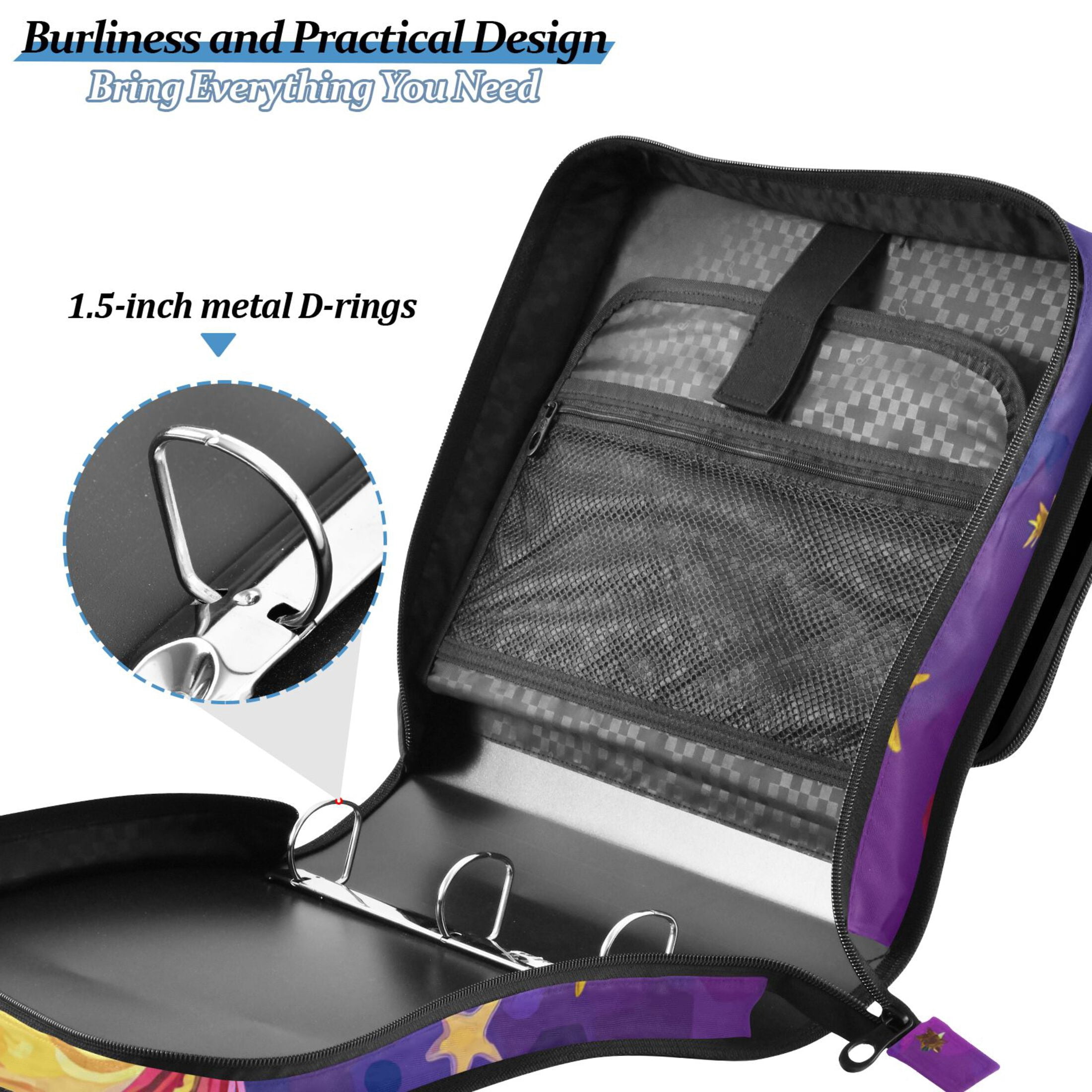 3 Ring Zipper Binder with Shoulder Strap Waterproof Trapper Keeper 2 Inch D-Ring 500 Sheets Capacity Cute Deer and Star