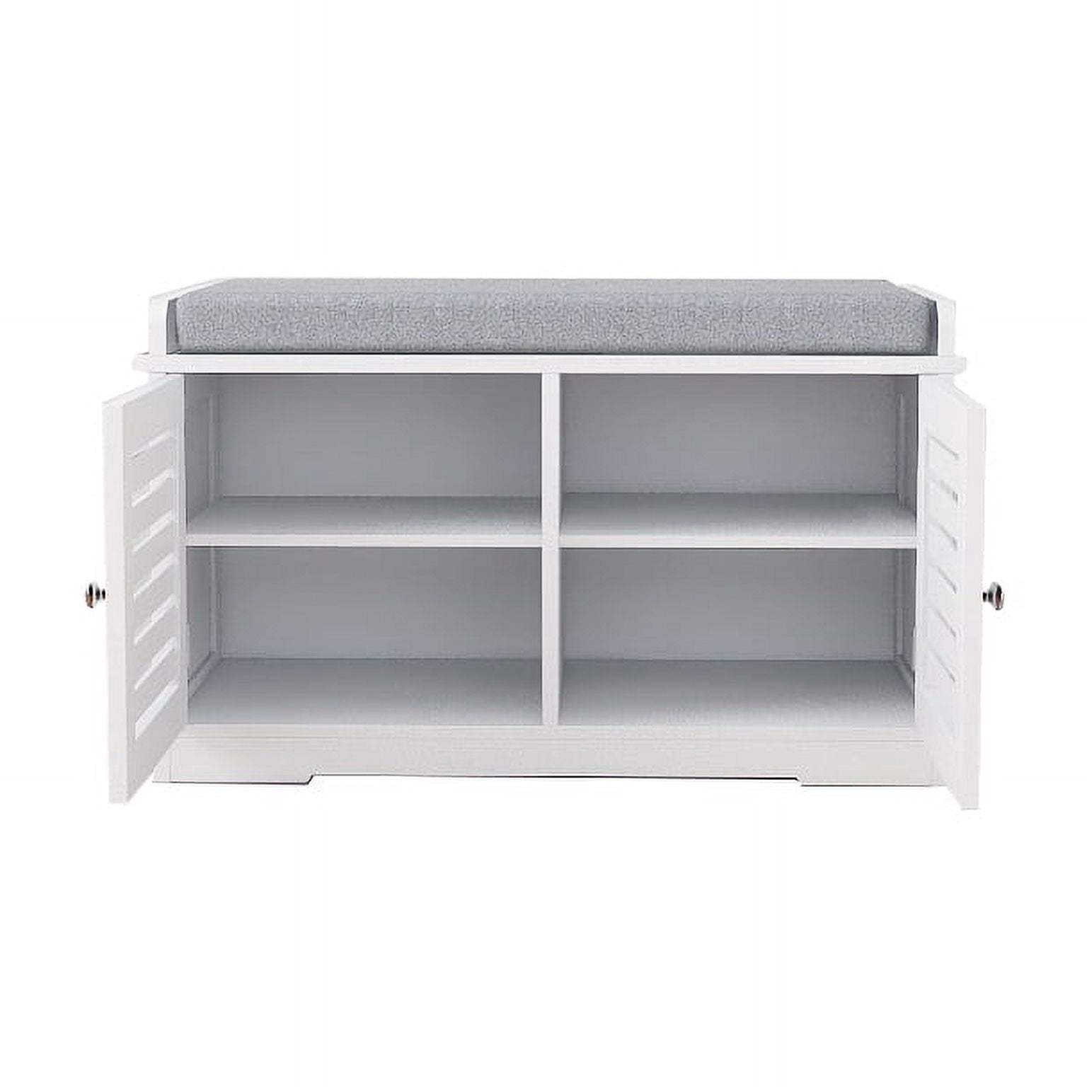 Shoe Storage Bench with Padded Seat Cushion, Entryway Bench with 2 Barn Doors-White