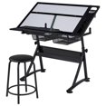 thumbnail image 2 of Yaheetech Height Adjustable Glass Drafting Table & Stool Set with 2 Drawers, Black, 2 of 8