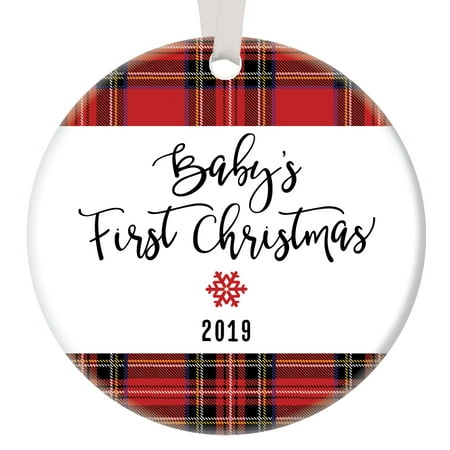 Plaid Baby's First Christmas Ornament 2019, New Baby Boy Red Plaid Porcelain Ornament, 3