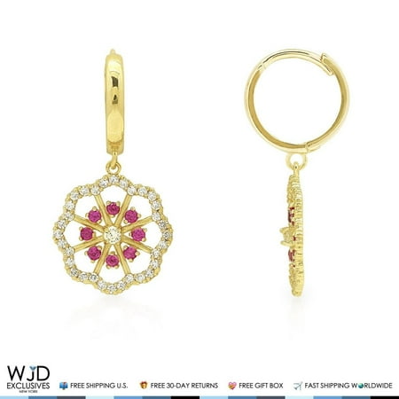 - 14K Yellow Gold 1Ct Created Diamond Ruby Flower Huggie Hoop Dangle Earrings 1