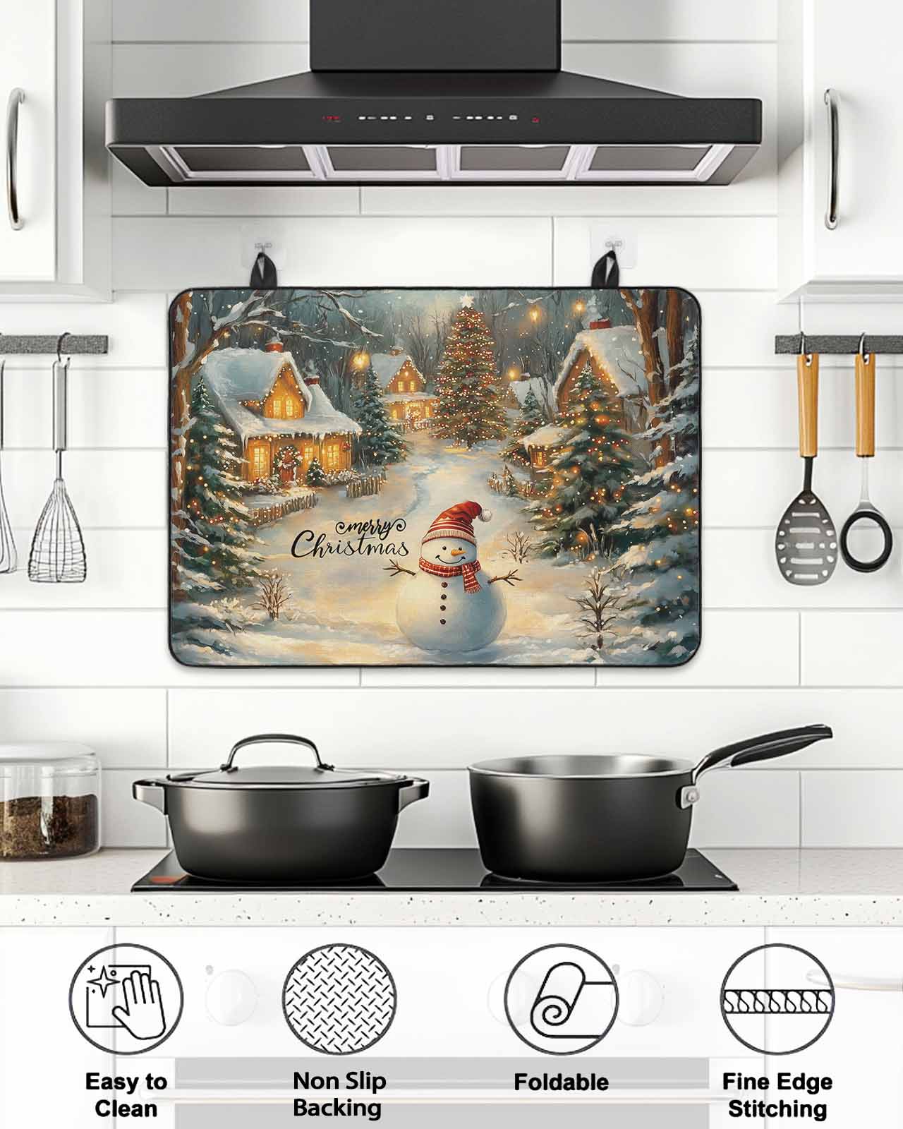 Christmas Snowman Stove Top Covers for Electric Stove, 28'x20'' Xmas Tree Rustic Farmhouse Glass Ceramic Stove Cover Foldable Rubber Mat Heat Resistant Cooktop Protector for Kitchen