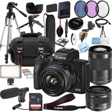 Canon EOS M50 Mark II Mirrorless Camera Video Kit with 15-45mm and 55-200mm Lenses + Shot-Gun Microphone + LED Always on Light + 64GB Memory + More 30PC Bundle