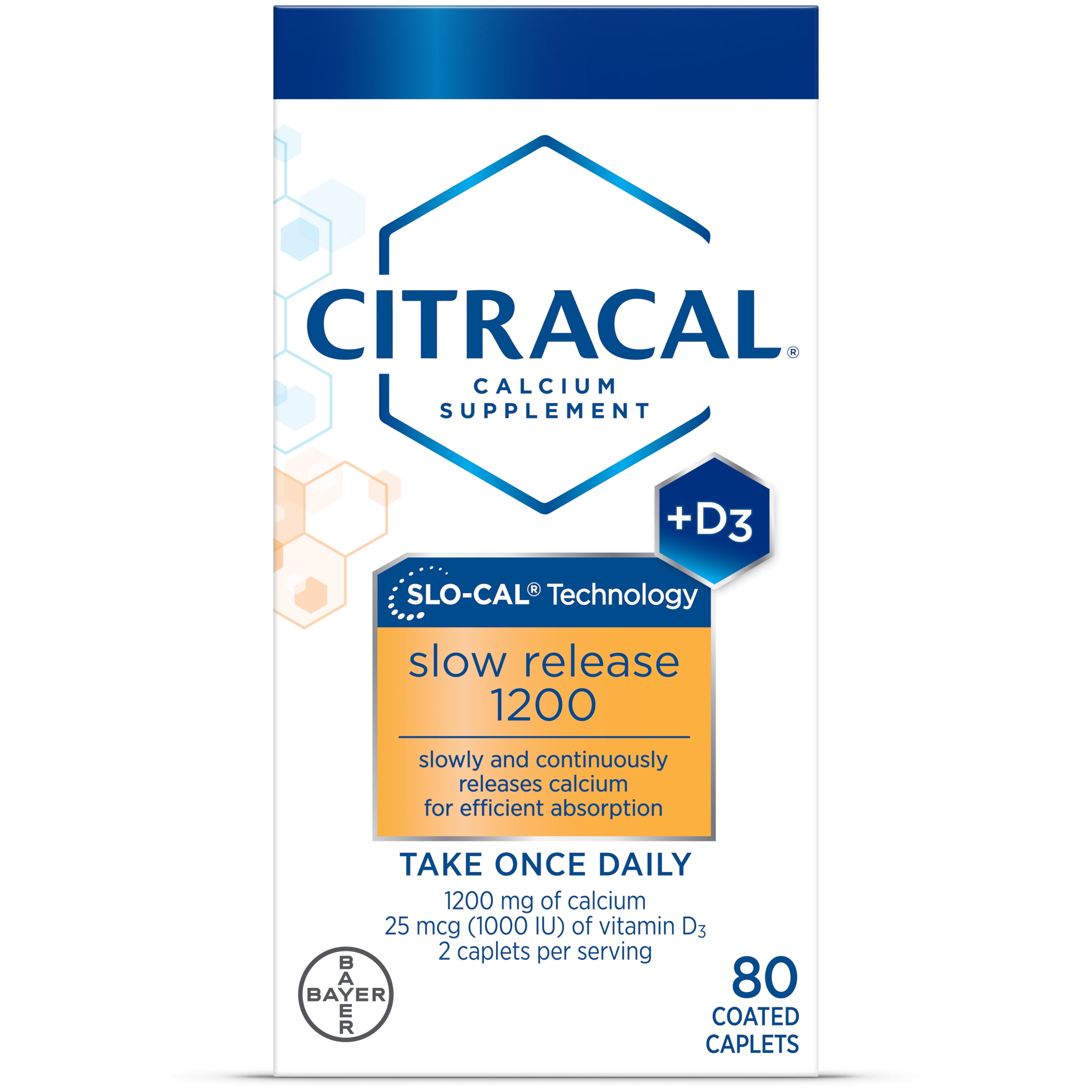 (3 pack) Citracal Slow Release 1200 Calcium with Vitamin D3, Bone Health Support, Coated Caplets, 80 Count