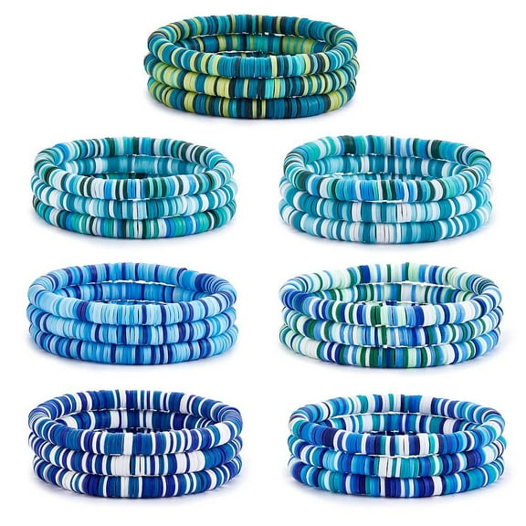 Handmade Polymer Clay Heishi Surfer Stretch Bracelets Set Stackable Preppy Bracelets for Women Deep Sky Blue Inner Diameter: 2-1/8 inch(5.3cm) 21Pcs/set