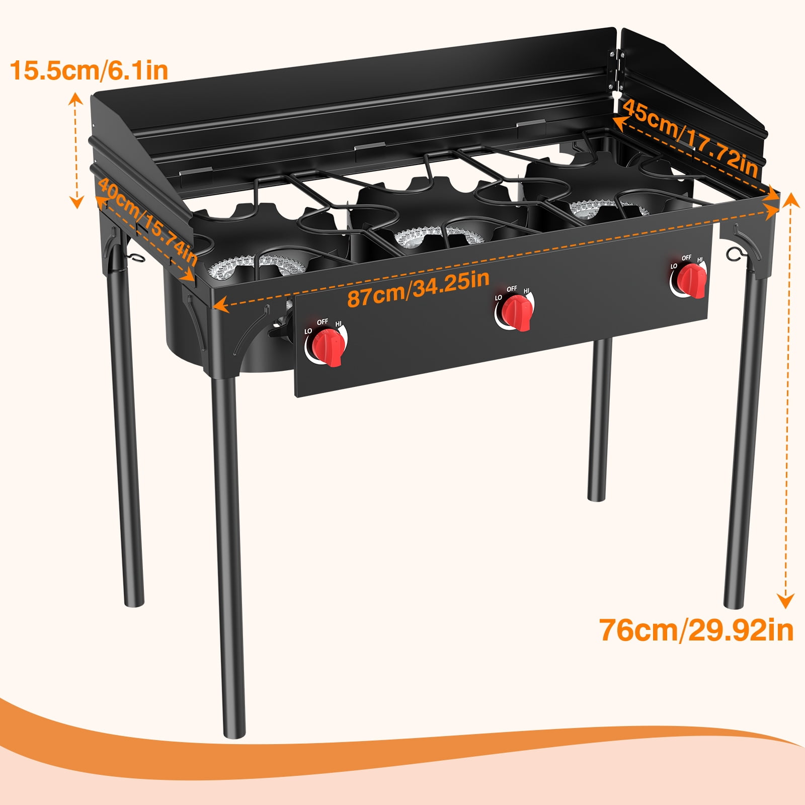 SIXDAY 3 Burner Propane Outdoor Stove with Wind Guards, 225,000 BTU Portable Gas Cooker with Removable Legs, High Pressure Camping Stove for Outdoor Cooking, Tailgating & Frying