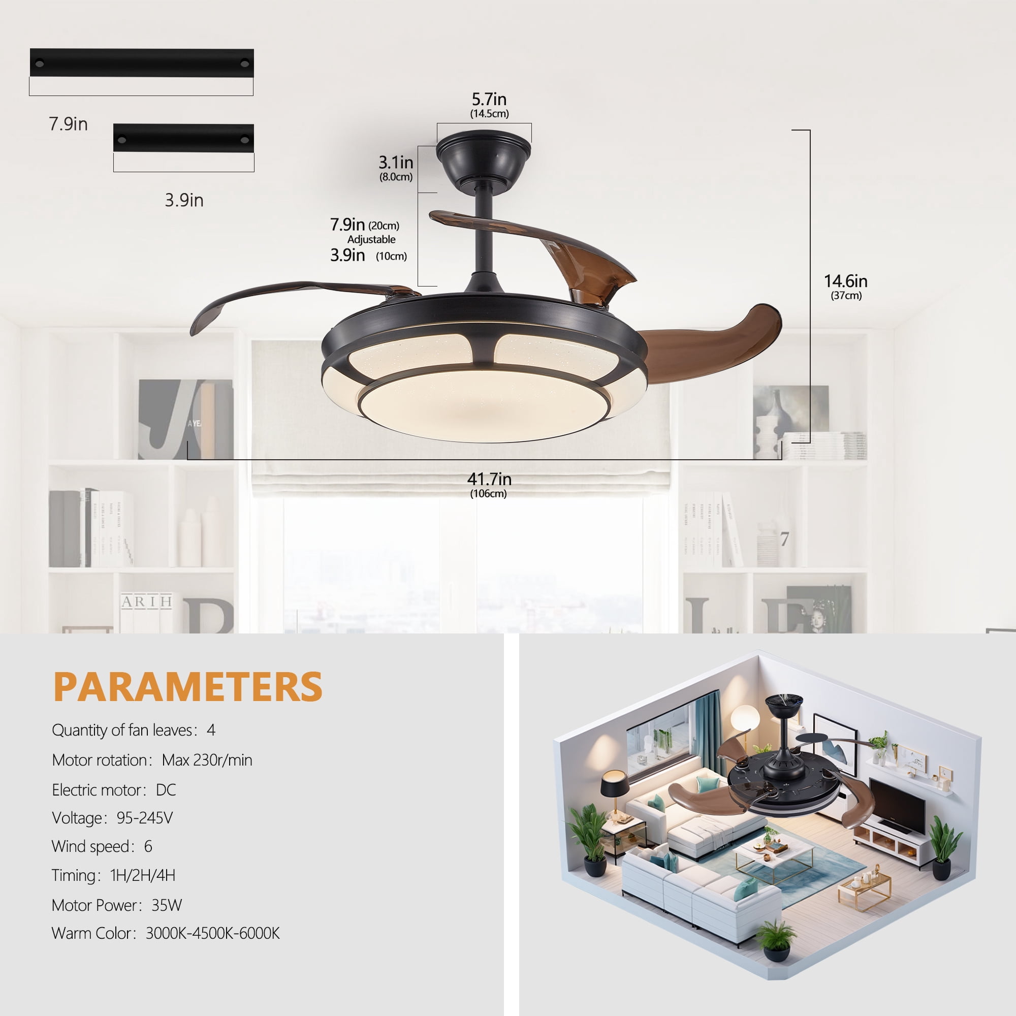 Leumius 42" Retractable Ceiling Fan with Light, Modern LED Chandelier Fan with Remote Control, 6 Speed Adjustable Blades,Quiet DC Motor,Dimmable Lighting for Living Room Bedroom Dining Room