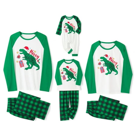 

Family Matching Christmas Pajamas Set Cartoon Dinosaur Print Long-Sleeved Tops Plaid Trousers Suit