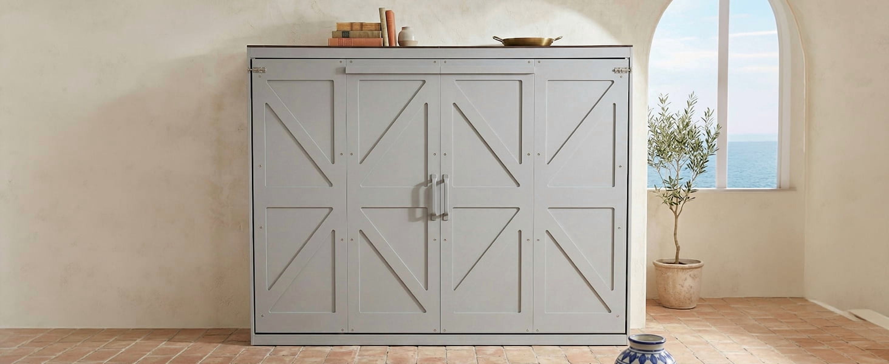 Mintazer Farmhouse Full Murphy Wall Bed with Barn Door & Charge Station, Folding Cabinet Bed for Home Office, Gray