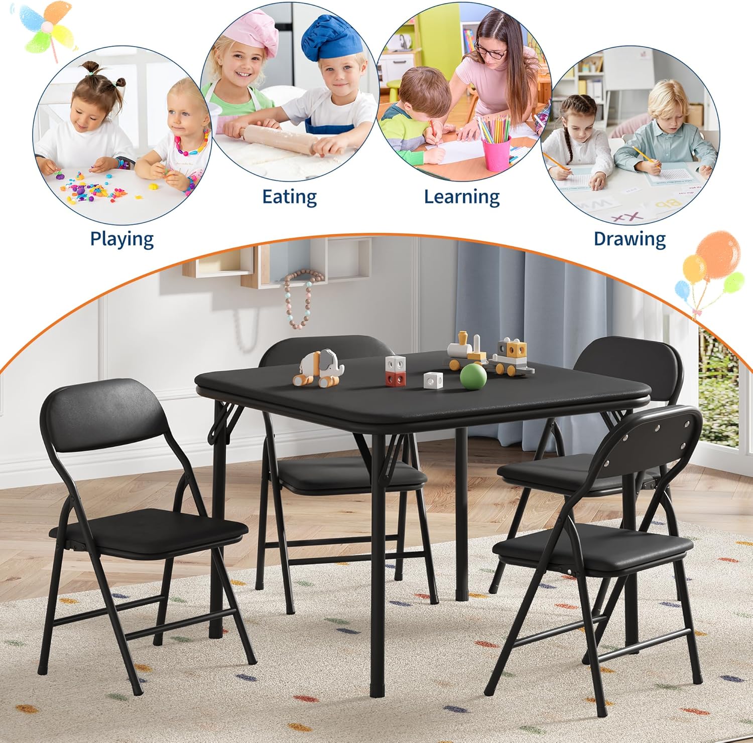 5 Piece Folding Kids Table and Chairs Set, Children Activity Table and Chairs Set for Dining Room,Daycare,Classrooms