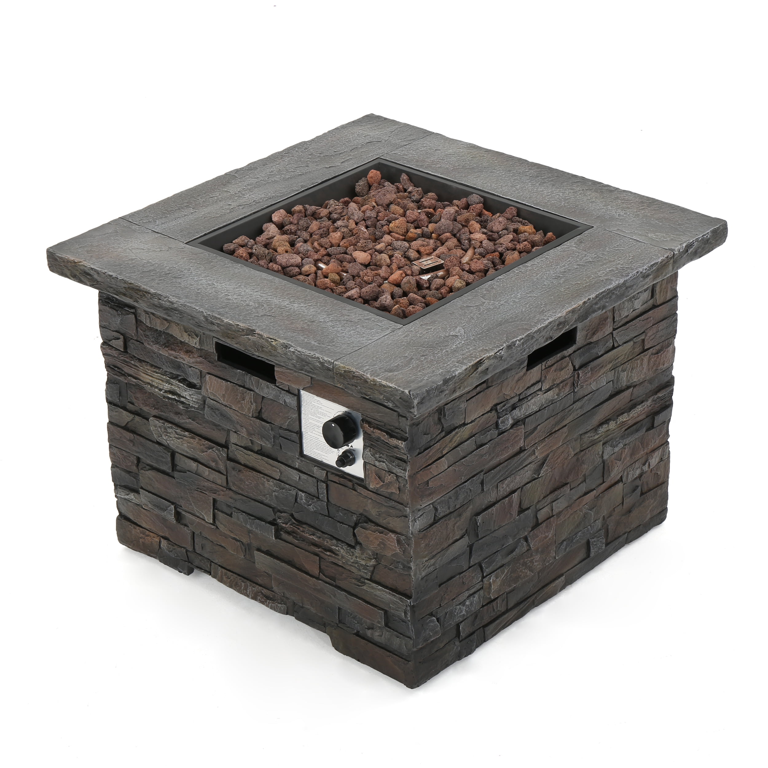 Loene Outdoor Square Fire Pit, Natural Stone Finish