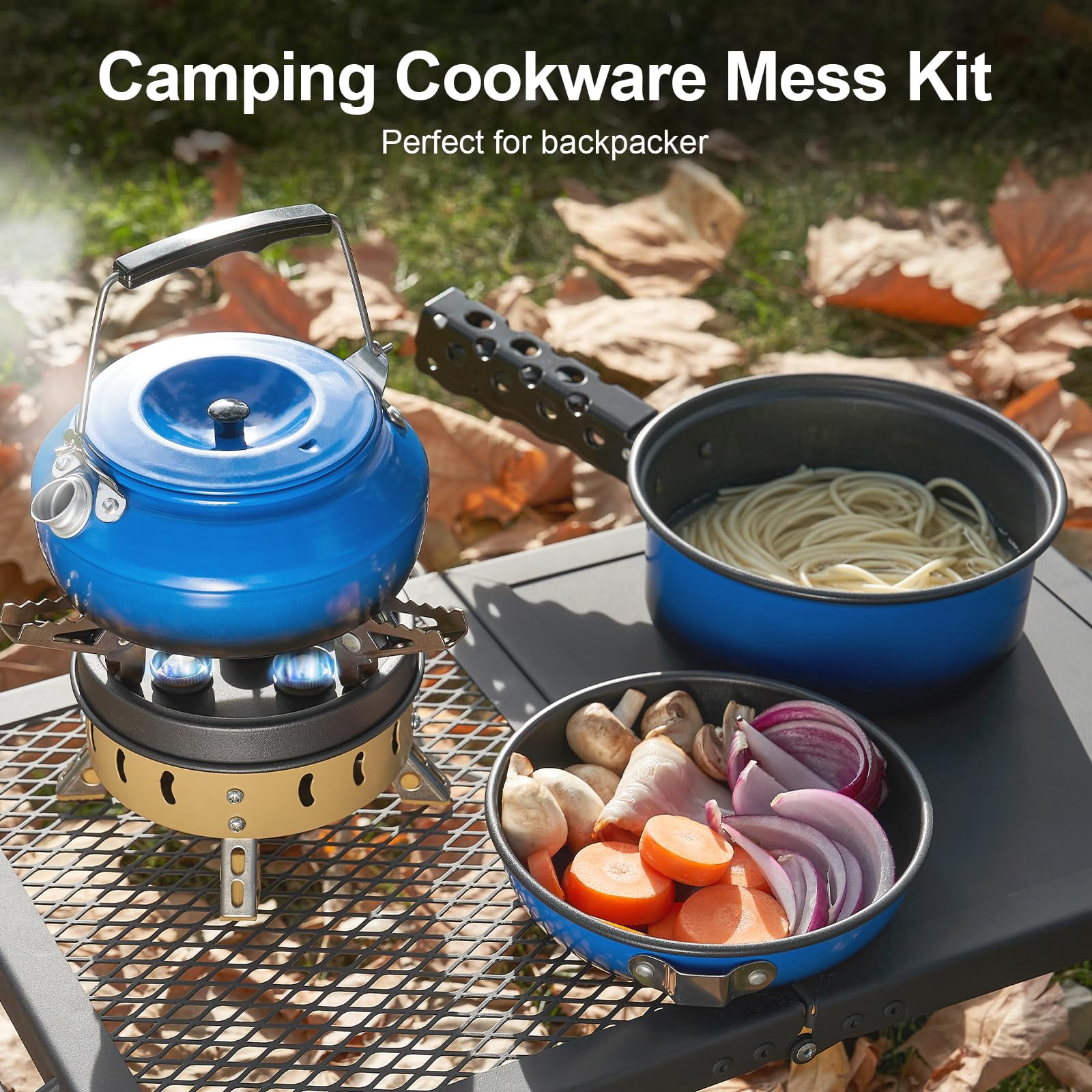 5pcs Camping Cookware Non-stick Pot And Pan Set With Kettle Removable Handle For Hiking Backpacking Picnic