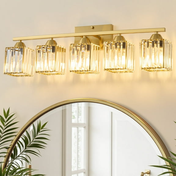 Deyidn 29.6" Modern Gold Vanity Light,  5-Light Dimmable Bathroom Light Fixture with Square Crystal Shades, for Mirror Lighting, Bathroom Wall Sconce