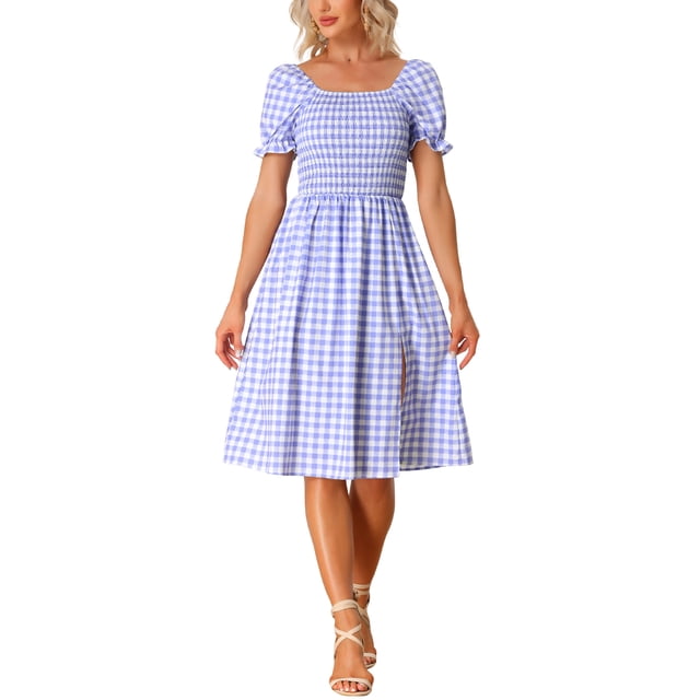 Vestido Gingham con Fruncido Inspire Chic para Mujer, Cuello Cuadrado, Con Abertura Lateral, Vestidos de Cuadros Casual, L Púrpura