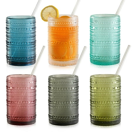 15oz Colored Hobnail Drinking Glasses Set of 6,Vintage Kitchen Glassware,Embossed Beaded Glass Cups,Water Tumbler for Cocktail,Juice and Various Mixed Drinks