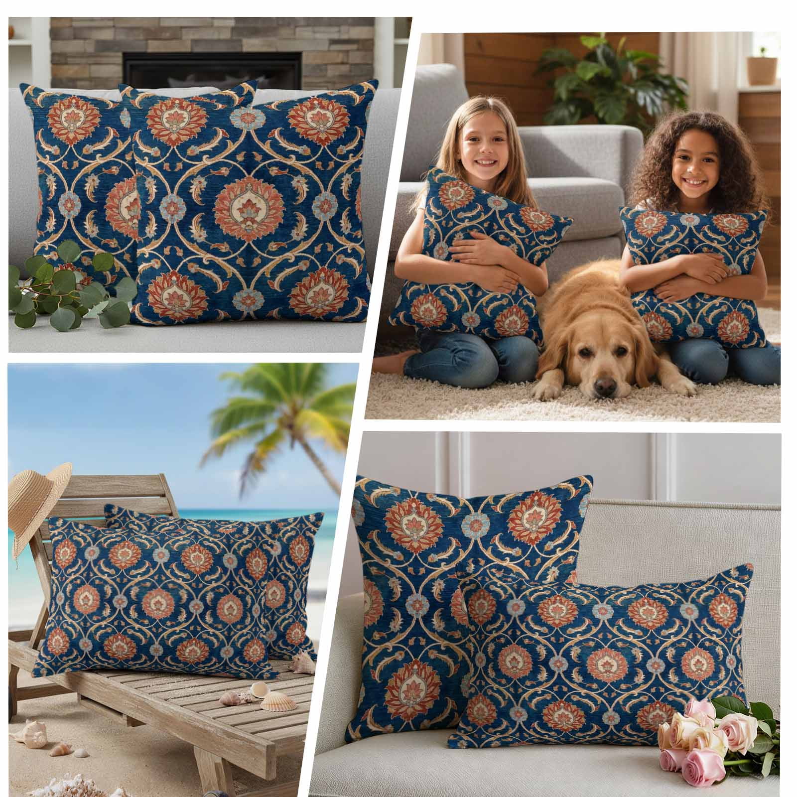 Flower Pattern Outdoor Pillow Covers Set of 2 Vintage Orange Classic Floral Country Navy Blue Waterproof Throw Pillow Cover Decorative Cushion Cases for Patio Porch Garden 20X20 Inch